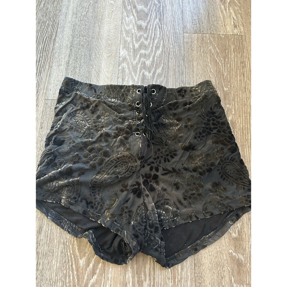 VTG Lip Service Burnout Floral Velvet Lace Up Micro Mini Shorts Y2K Grunge Indie - Picture 2 of 7